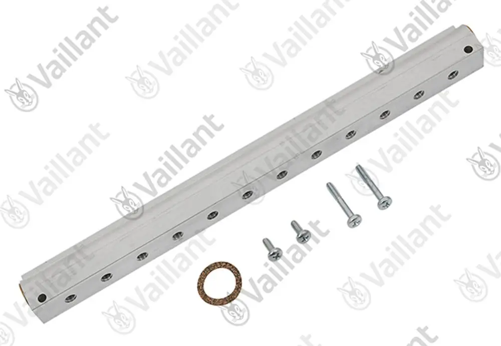 Vaillant Kammerträger aus Metall mit mehreren Bohrungen, begleitet von Schrauben und einer Dichtung. Liefert Struktur für entsprechende Bauteile.